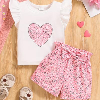 TEMU Adorable Baby Girl's Pink Heart Print Top With Puffy Sleeves & Floral Shorts Set - Knitted Fabric, , Spring/fall Collection, Regular Fit, Casual Wear| Print Top|knitted Texture, For Outdoor Image
