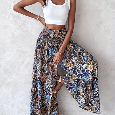 TEMU Boho Chic Floral Print Wide-leg Pants For Women - High-waisted, Loose Fit, Polyester Blend, Machine Washable - Casual & Spring/summer Outfits Image
