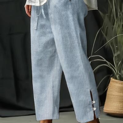 TEMU Women's Plus Size Striped Pants With Drawstring Waist And Pockets - Light Blue, Casual Loose Fit For Spring/summer, Polyester Fabric, Casual Wear Pants|striped Pattern Pants|polyester Pant Image