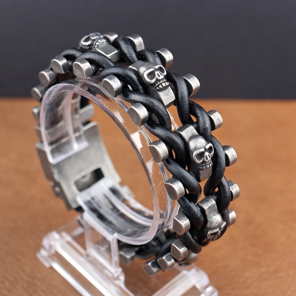 Punk Rock Edelstahl Totenkopf Armbänder für Männer Beliebte schwarze Totenkopf geflochtenes Lederarmband Charms Biker Amulett Schmuck Geschenke Image