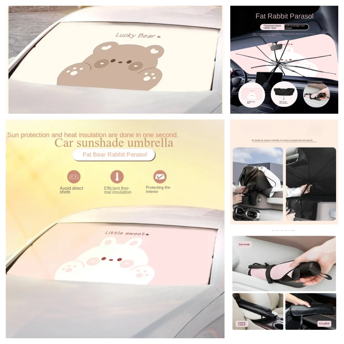 Auto Sommer Sonnenschirm Regenschirm Hochtemperatur-Prävention Sonnenschirm, niedliches Cartoon-Design, Frontscheibe Sonnenschirm Auto-Zubehör Image