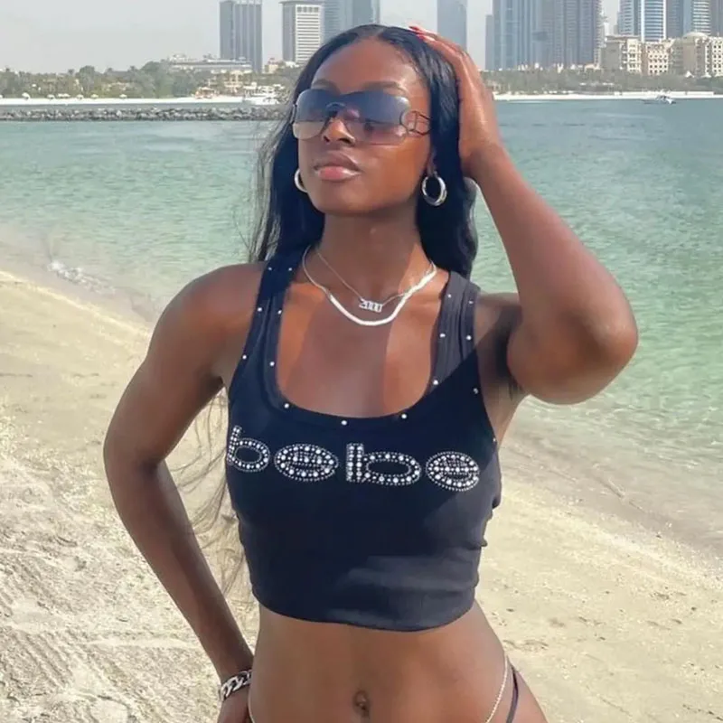 Europäische diamantbesetzte Buchstaben Muster Frauen Crop Tops Sexy Beach Club Streetwear Emo Mädchen personalisierte Vintage Tanks 2000er Jahre Image