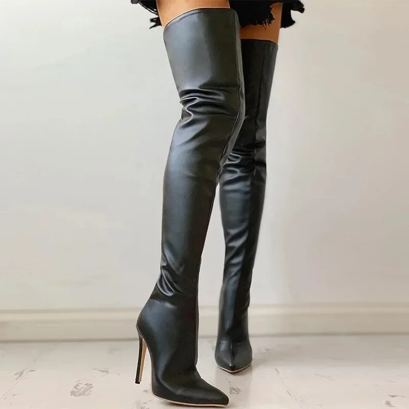 Plus Größe 34-46 Damen stiefel sexy oberschenkel hohe Stiefel Stretch-PU-Leder Overknee-Stiefel schwarz rot Herbst Winters chuhe