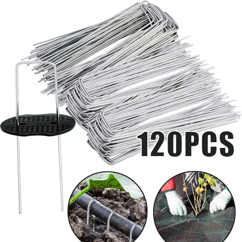 Garten Peg Silber Metall U-Form Garten Heftklammer Garten Boden Nagel Film Feste Pegs Garten Befestigungs Werkzeuge Film Peg-40/80/120 stücke Image