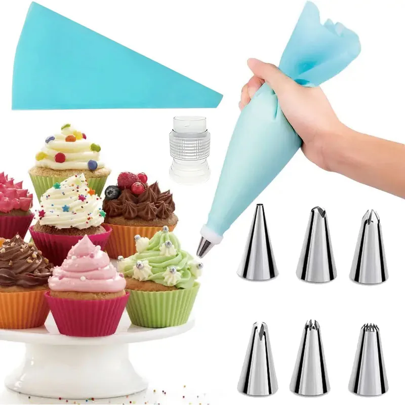 8-teiliges Kuchendekorations-Set – 6 Edelstahlspitzen mit 12 Zoll wiederverwendbarer Silikon-TPU-Beutel und Konverter – DIY Basic Piping Backwerkzeug-Set Image