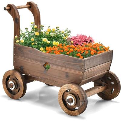 Costway - Blumenwagen Holz, Pflanzwagen mit Rädern und Griff, Pflanzkasten mit Abflussloch, Image
