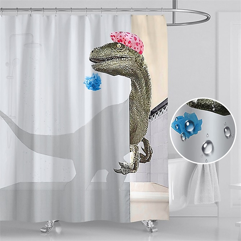 Dinosaur Shower Curtain Set 180cm180cm(7070)with Hooks for Bathroom, White Fun Kids Fabric Shower Curtains , Cool Cute Unique Raptor Bathroom Accessories Decor