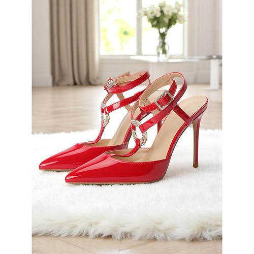 Women's Black Patent Leather Pointed Toe High Heels with Rhinestone Buckle and T-Strap - Glamorous Stiletto Pumps for Cocktail Parties and Evening Events