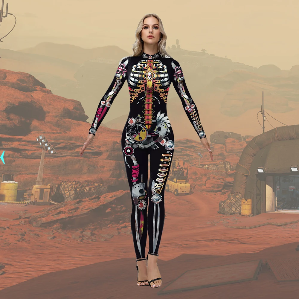 Burning Man Jumpsuit Punk Skelett Bodysuit für Frauen 3D-gedruckte Maschine Zentai Desert Party Cosplay Kostüm Karneval Overall Image