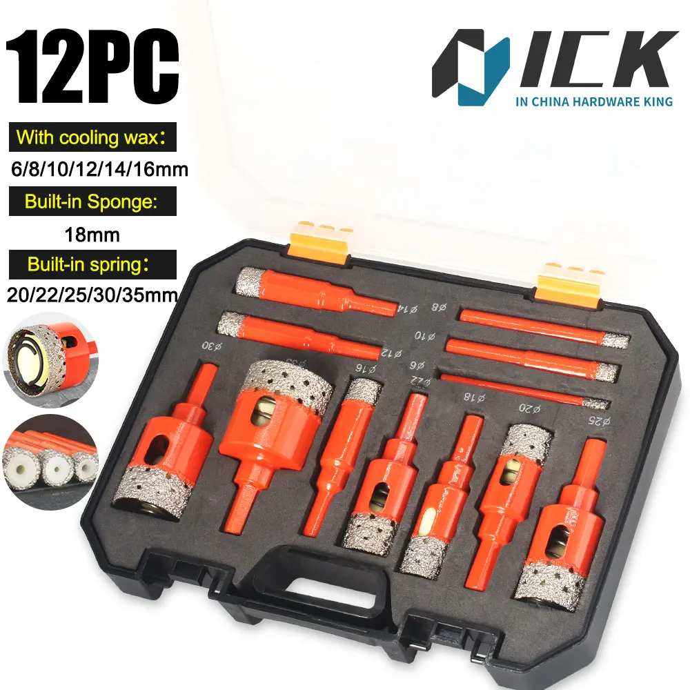 Diamant-Lochsägen-Set, automatisches Auswerfen, Federkühlung, Wachs, Sechskantschaft für Glas, Marmor, Stein, Fliesen, Keramik, Nass- und Trockenbohren, Bohrer, 12 Stück Image