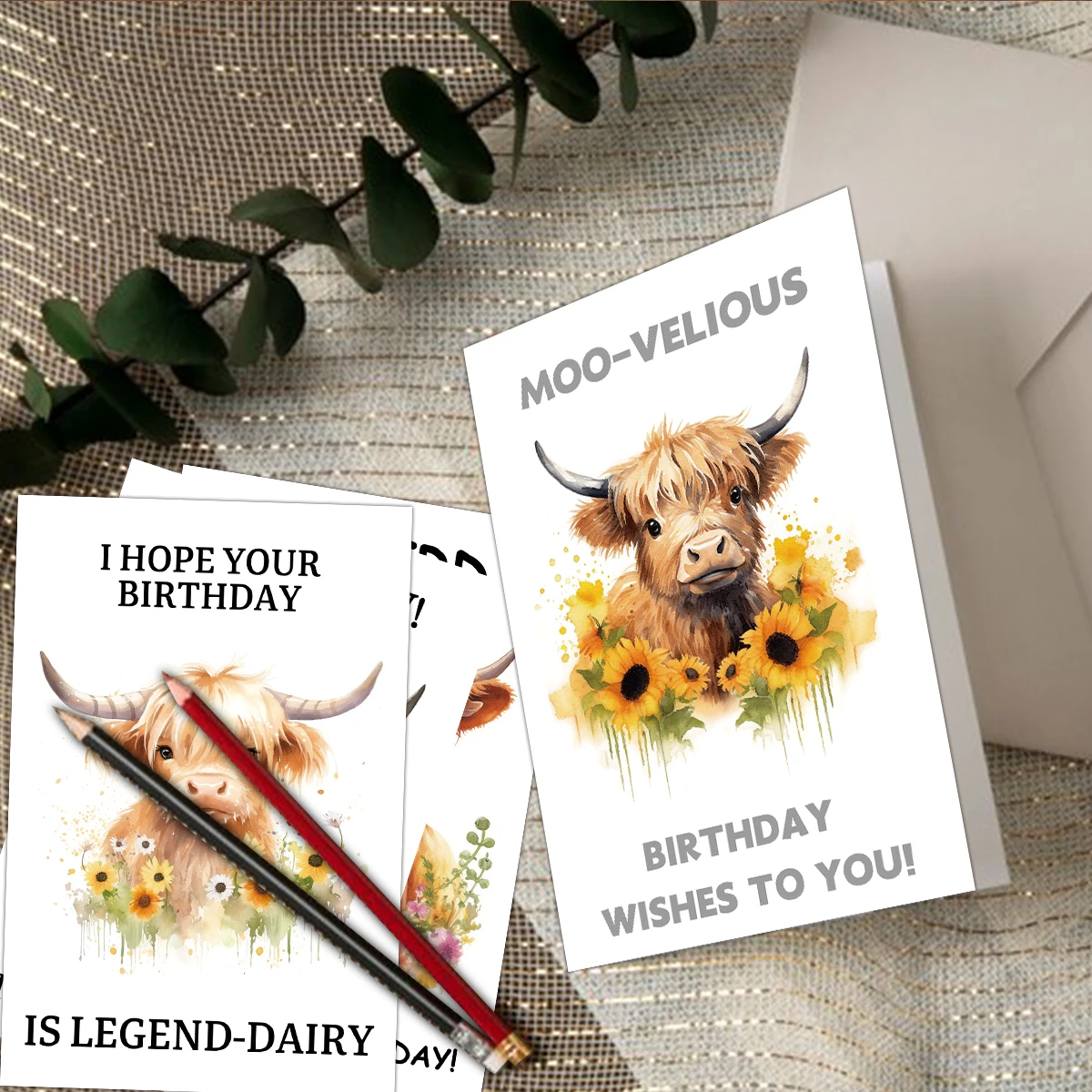 12 Stück süße Hochlandkuh-Geburtstagsgrußkarten mit Umschlag, Geburtstagswünsche für Familie, Freunde, Kuhliebhaber, Bauerntier-Thema Image