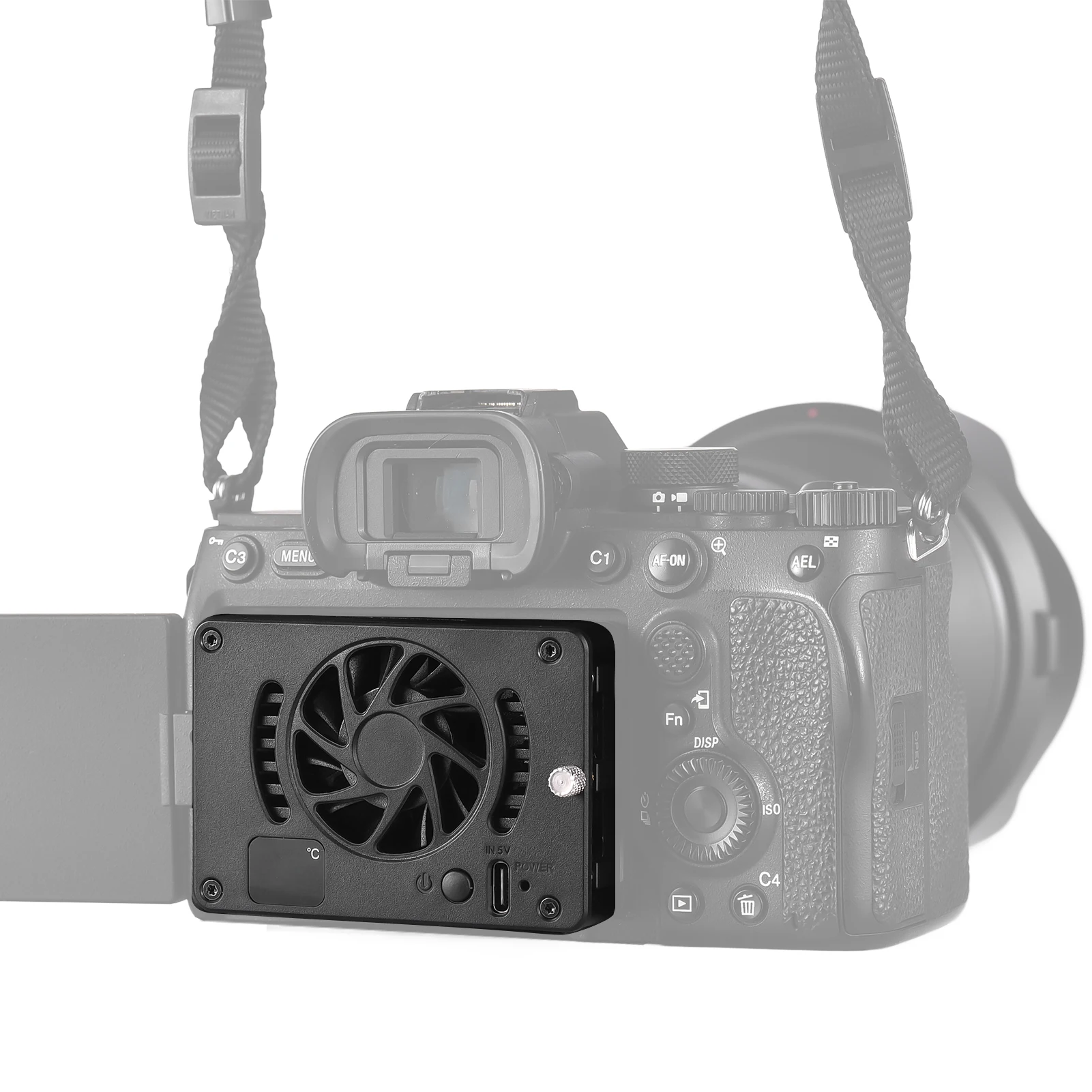 Universeller Kamera-Lüfter, externer Lüfter für Telefon mit OLED-Display, USB-betriebene Telefonklemme für Smartphone DSLR-Kamera Image