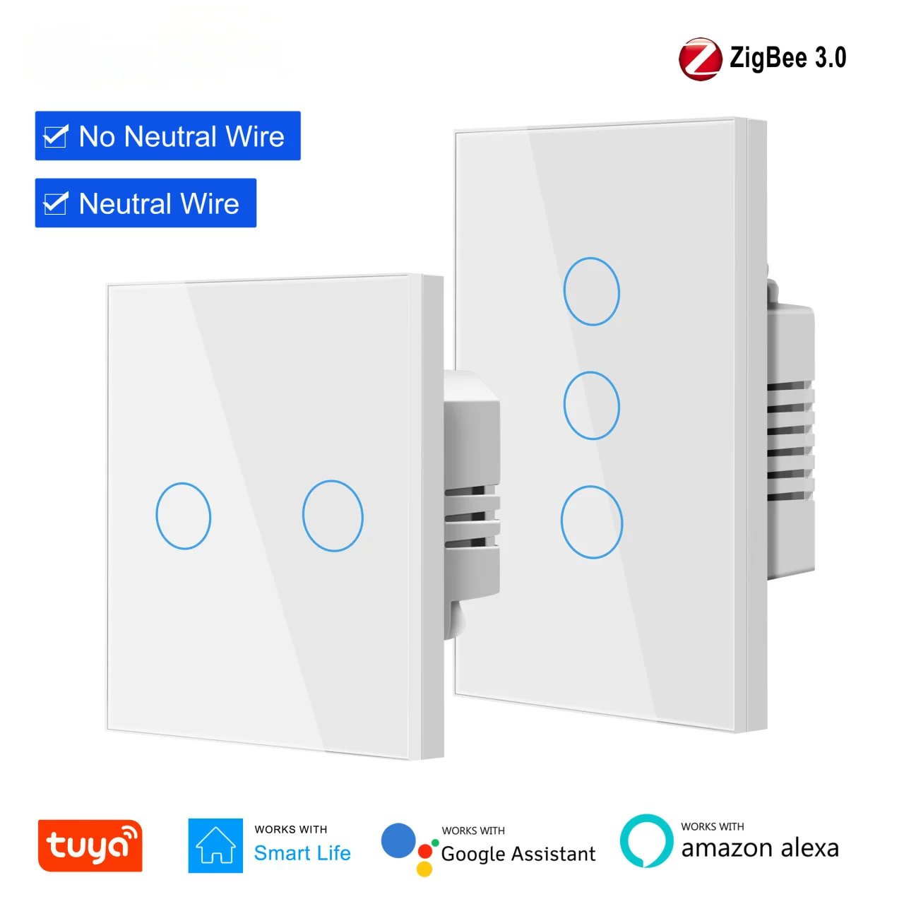 Tuya ZigBee Smart Lichtschalter EU US, Touchpanel Wandschalter 1 2 3 Gang, funktioniert mit Alexa Hey Google, Verkabelung optional Image