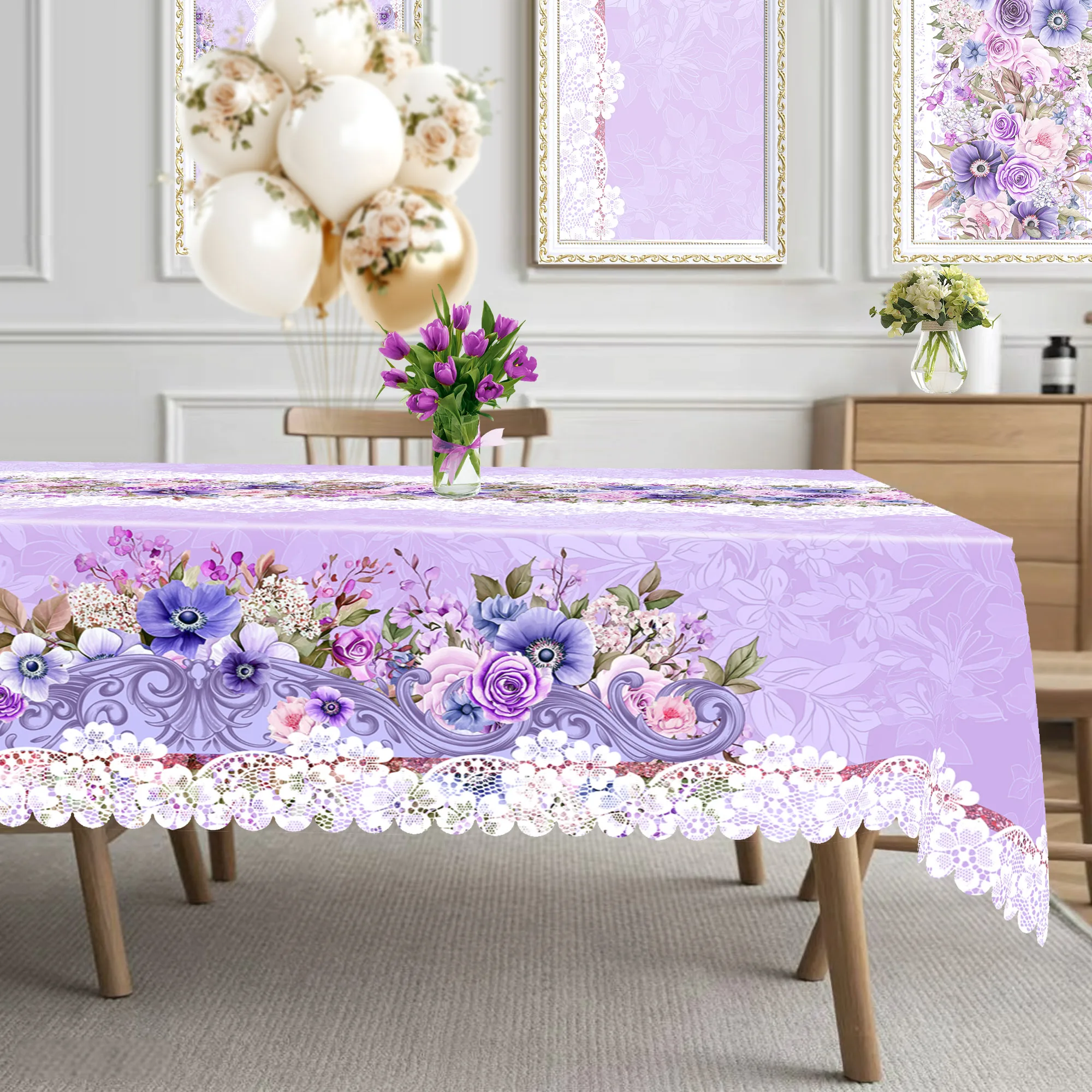 1-teilige Frühlings- und Sommer-Tischdecke mit Blumendruck, romantische und elegante Tischdecke mit lila Blumenspitze, Randprägungsprozess, runde und rechteckige Tischdecke, ideal für