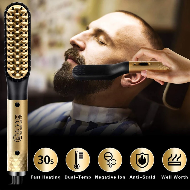 Professionelle Heißer Kamm Haarglätter Pinsel Männer Bart Haar Glättung Pinsel Nass Trocken Verwenden Schnelle Haar Styler Image