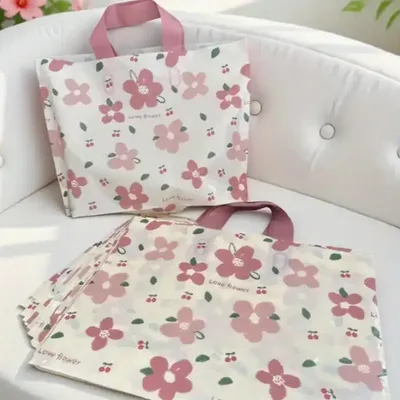 50pcs Coffee Flower Clothing Storage Bag Thick Plastic Hand-held Shopping Bags Gift Packing for Children's Clothing Tote Pocket