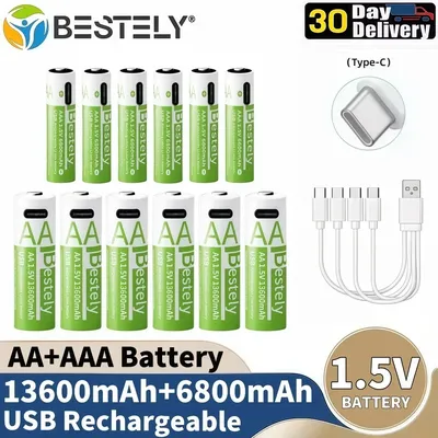 New Li-ion AAA and AA Rechargeable Batteries USB Lithium-ion 13600mAh 1.5V AA Rechargeable Batteries+6800mAh 1.5V AAA Battery