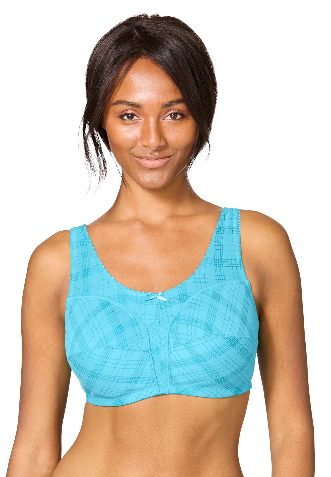 Plus Size Women's Cotton Back-Close Wireless Bra by Comfort Choice in Caribbean Blue Bias Plaid (Size 48 B)