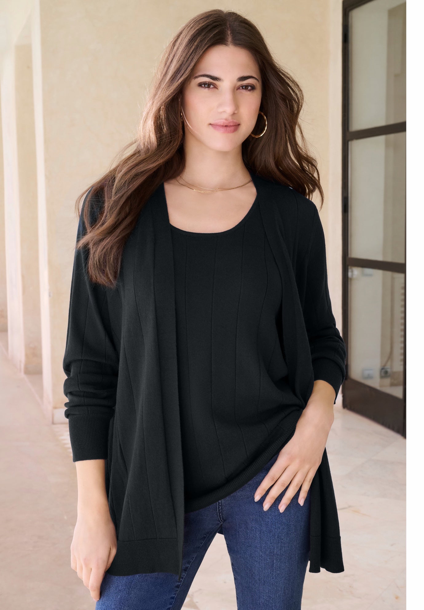 Plus Size Women's Plus Size Drop Needle Cardigan Lightweight Sweater Knit by Roaman's in Black (Size 4X)