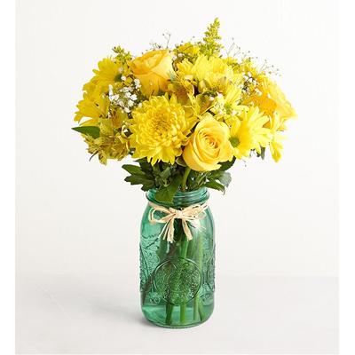 1-800-Flowers Flower Delivery Radiant Sunshine Bouquet W/ Blue Mason Jar