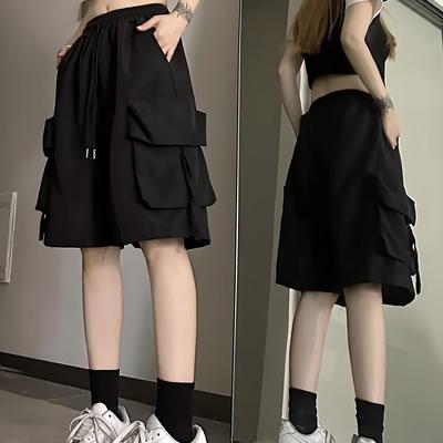 TEMU Women's Vintage Cargo Shorts - Loose Fit Summer Casual Shorts With Multiple Pockets, Machine Washable, Korean-japanese Inspired Solid , | Korean Fashion Shorts | Functional Pockets Image