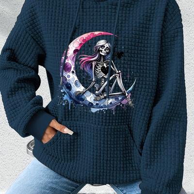 TEMU Women's Retro Skeleton Graphic Print Hoodie - Crescent Design, Soft Fleece-lined Hooded Sweatshirt With Drawstring, Machine Washable Casual Wear, Hoodies For S Image