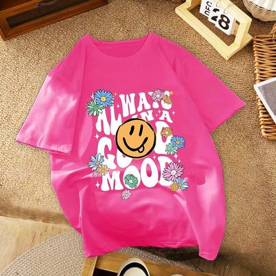 "TEMU Girls' Soft & Comfy Casual Summer Tee - " " Print With Flowers & Faces, Short Sleeve, Round Neck, Polyester , Machine Washable, Cute T Shirts" Image