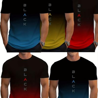 "TEMU 5pcs Men's Gradient Crew Neck T-shirts With "black" Print - Breathable Polyester, Short Sleeve, Ideal For Summer Casual & Outdoor Wear, Black, Blue, Yellow, Red, Grey, Plus Size" Image