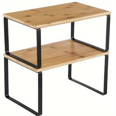 TEMU 2-pack Wongirl Stackable Cabinet Organizer, Expandable, Solid Wood & Metal, Bracket Shelf, , For Kitchen, Dining, Indoor Use Image