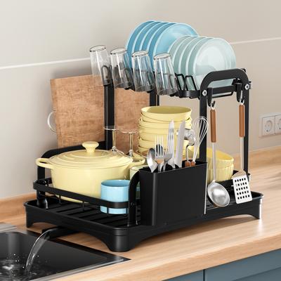 TEMU Multifunctional Dish Drying Rack - Rustproof 2-tier Dish Rack With Draining Board, Space-saving Design, Cutlery And Cup Holder, For Kitchen Worktops, Black Image