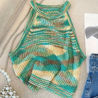 TEMU Women's Color Block Knit Tank Top - Sleeveless Casual Summer Top With Flared Hem, Boho Style, Polyester Fabric, Green & Beige/black & White Pattern, Casual Attire Image