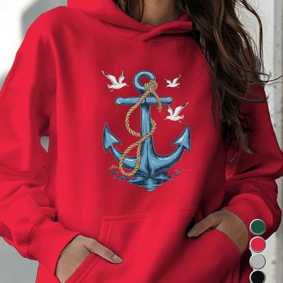 TEMU Women's Casual Hoodie With Vintage Nautical Anchor Design, 100% Polyester Knit Fabric, Geometric-pattern, Fall/winter Season, With Pockets, 250g/m² Weight - Cozy Hooded Sweatshirt Image