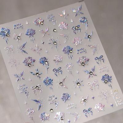 TEMU 1pc 5d Embossed Floral Nail Art Sticker With Rhinestones - Elegant Blue, Purple & Aurora Rose , Self-adhesive Holographic Slider For Summer Nail Decorations, Nail Art Accessories Image