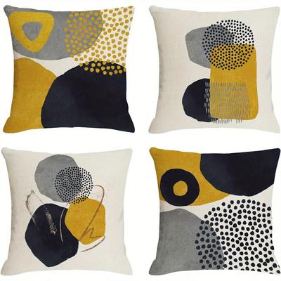 TEMU 4pcs-mustard Yellow Medieval Modern Pillow Cover Abstract Art Geometric Pillowcase Beautiful Sofa Home Decoration 4pcs Set, 18 * 18 Inches Image