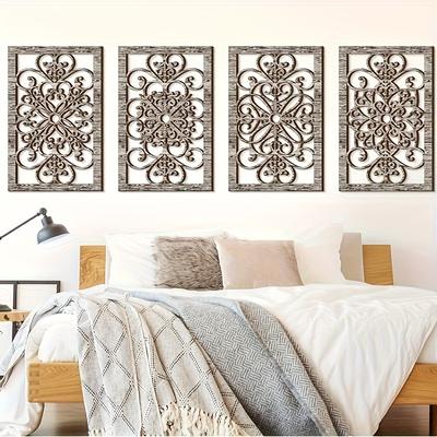 TEMU 4pcs Thickened Country Wall Decoration Wall Art Decoration Wooden Hollow Carved Wall Art, Used For Living Room Decoration Office Kitchen Wall Image