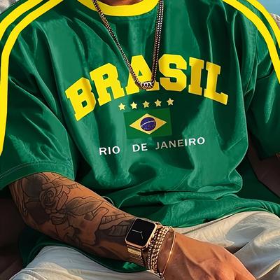 TEMU Men's Brazil Soccer Graphic T-shirt - Yellow Casual Crew Neck Tee With Rio De Design, Lightweight Polyester Blend, Summer Outdoor Activities, Casual Summer Wear | Graphic Tee | , Knit Image