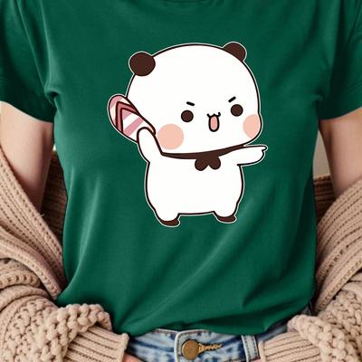 TEMU Women' Casual Short Sleeve T-shirt With Cute Cartoon Panda Graphic - Summer Round Neck Top, Machine Washable & Breathable For Casual Attire, Design, Nontransparent Fabric Image