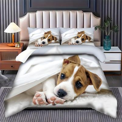TEMU 2/3pcs Comfortable Cozy Pet Companion Design Cute Puppy Gentle Care Your Theme Pattern Bedding Set, Duvet Cover Set With Zipper Design, Machine Washable 1 Duvet Cover +1/2 Pillowcases, Image