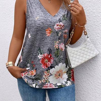 TEMU Women's Plus Size Floral Print V-neck Sleeveless Tank Top - Vibrant Casual Top With Orange & White Flowers, Machine Washable, Nontransparent Fabric Image