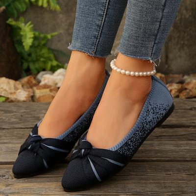 TEMU Women's Japanese-inspired Knit Pointed Toe Ballet Flats With Bow Detail - Slip-on Breathable Fabric Upper, Vibrant Orange & Brown Accents, For Casual & Formal Wear (extended Sizes ), Ballet Shoes Image
