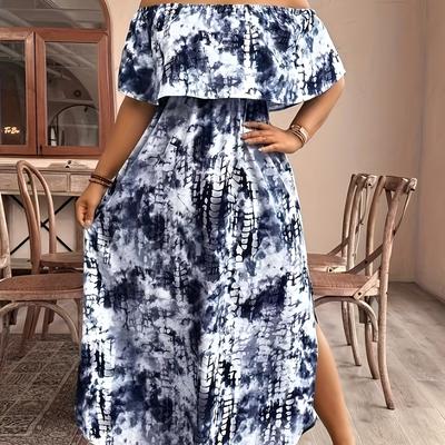 TEMU Plus Size Women's Elegant Off-shoulder Stretchy Dress - Abstract Print Short Sleeve Summer Dress, Machine Washable For Casual & Formal , 1 Shoulder Design, Flowy Silhouette Image