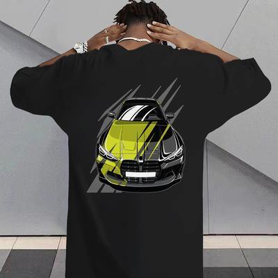 TEMU Men' Car Graphic Print T-shirt, Stylish White Crew Neck Tee With Yellow & , Casual Short Sleeve Top For Men Image