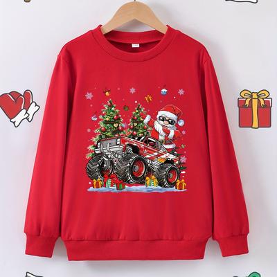 TEMU Boys' Christmas Santa Truck Graphic Sweatshirt - Cozy Long Sleeve Crewneck With Holiday Design, Brown, Loose Fit For Fall/winter Image