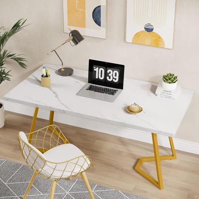 TEMU Modern Golden Computer Desk: 55 Inches White And Office Desk With Metal Legs, Marble Study Writing Table For Small Spaces, Simple Desk For Bedroom, Ladder Racks, Storage And Organization Image