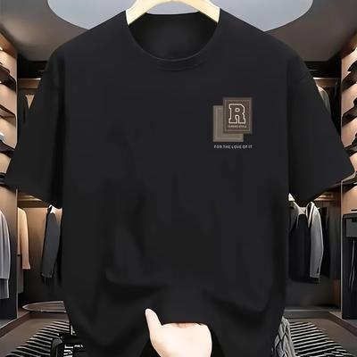 "TEMU Men's Casual Short Sleeve Crewneck T-shirt - White With "r" Graphic Design, Lightweight & Breathable Fabric, Summer Wear, Machine Washable" Image