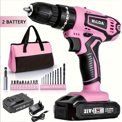 "TEMU Hilda Cordless Drill Set, 21v Power Drill, 25nm Pink Drill Set For Women 3/8" Keyless 2 Variable Speed, 0-1500 Rpm, 25+1 Position And Cloth Bag" Image