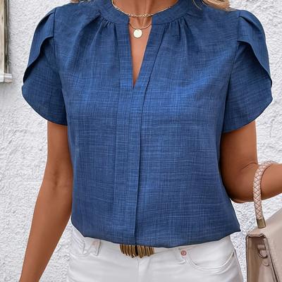 TEMU Women's Casual V-neck Short Sleeve Blouse - Middle Eastern-inspired Collection, Solid Color, Machine Washable, Versatile Top For Casual & Formal Wear, Versatile Clothing, Elegant Drape Image
