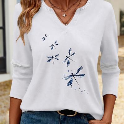TEMU Women's Casual Long-sleeve V-neck Top With Vibrant Dragonfly Print - Light Beige, Stretchy Fabric, Wear, , Top| Top|, Dragonfly Top Image
