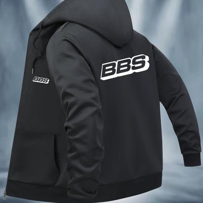 "TEMU Men's Navy Blue Hooded Sweatshirt With "bbs" Logo - Casual Pullover With Zipper Closure, Pockets, And Polyester Lining, Casual Wear Hoodie | Lettering Hoodie | Zippered Hoodie" Image