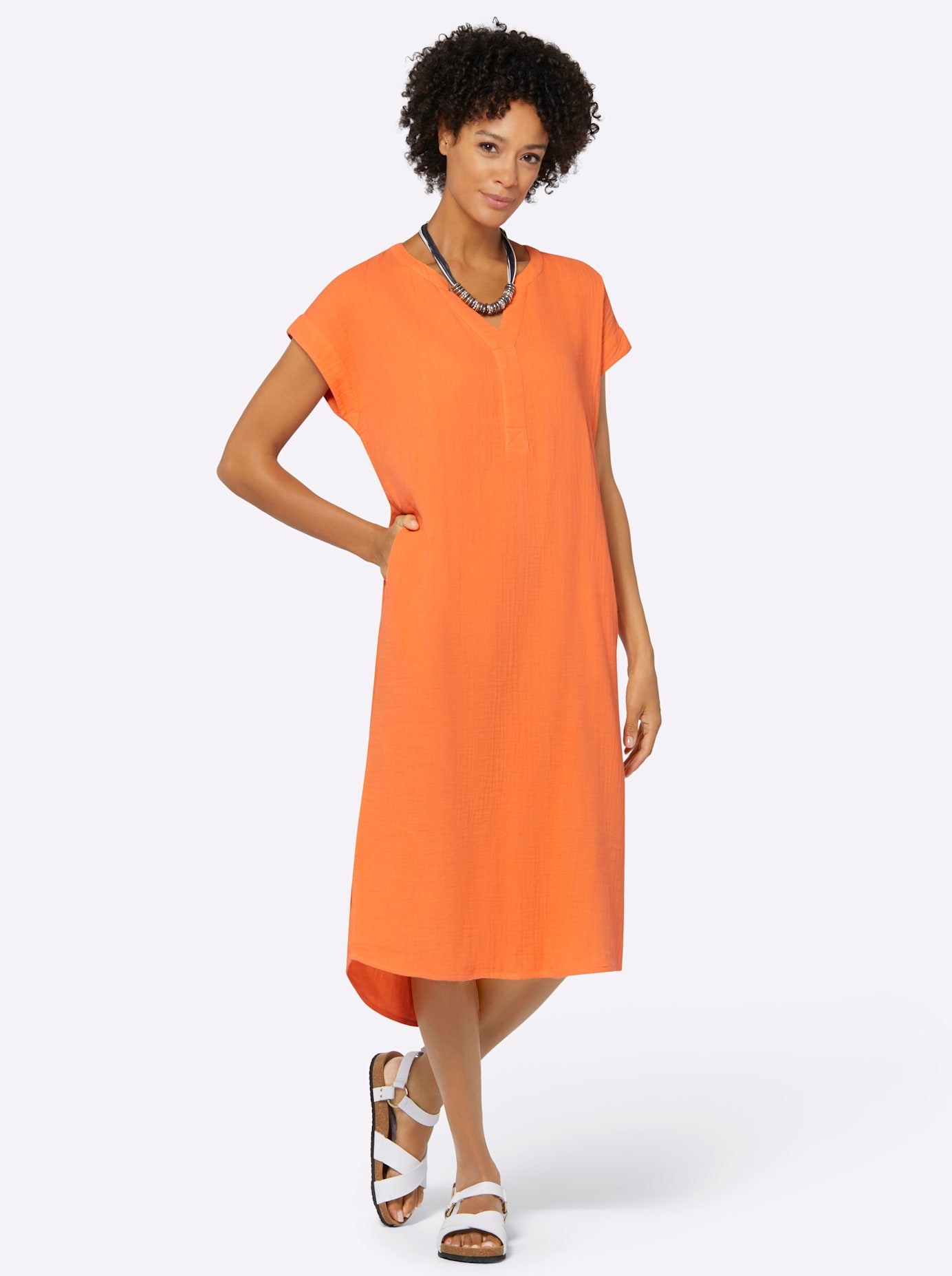 Sommerkleid CASUAL LOOKS "Kleid", Damen, Gr. 52, Normalgrößen, orange, 100% Baumwolle, unifarben, knielang, V-Ausschnitt, Kleider Sommerkleid